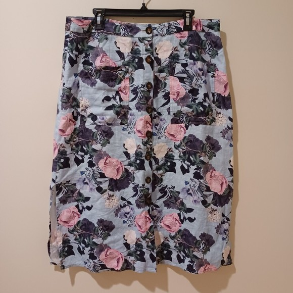 Nicholas Blue Garden Floral Button Front Linen Midi Skirt Size 14 - Picture 4 of 11